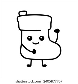 Christmas stocking emoticon color element. Cartoon happy character. Mascot of emotions. Happy new year. 