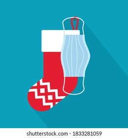 christmas stocking with face mask, christmas celebration during coronavirus pandemic, protective measures- vector illustration