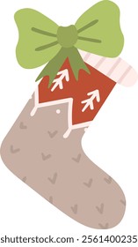 Christmas stocking featuring a charming fir motif and a vibrant green bow, patiently waiting to be filled with delightful gifts, perfect for festive holiday illustrations