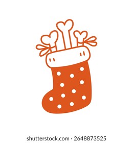 Christmas Stocking Filled with Bones. Holiday decoration for dogs gift present, pets lovers, greeting card and festive design element. Vector illustration