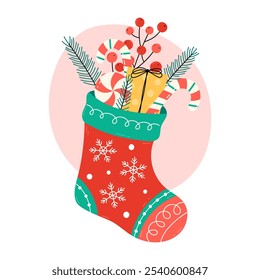 Christmas stocking filled with candy, gift box and decorations. Cute Xmas illustration for December seasonal designs and greeting cards. Flat and doodle elements