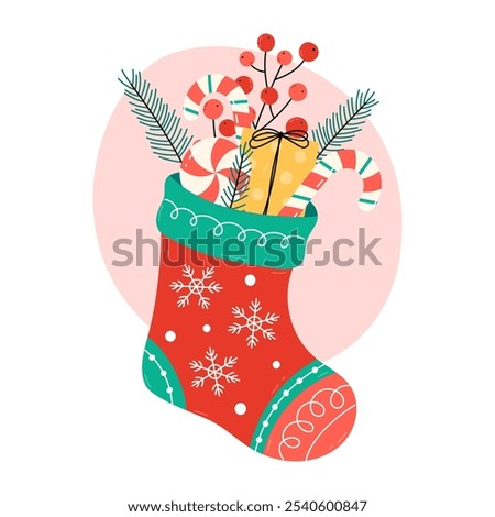 Christmas stocking filled with candy, gift box and decorations. Cute Xmas illustration for December seasonal designs and greeting cards. Flat and doodle elements