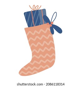 Christmas stocking filled with gift box. Xmas sock. Great symbol for Christmas cards, posters, stickers, wall art. Isolated clipart element. Vector flat Illustration. Only 5 colors - Easy to recolor.