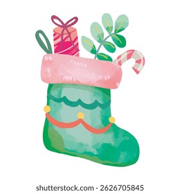 Christmas stocking filled with gifts and candy cane in watercolor design with isolated background