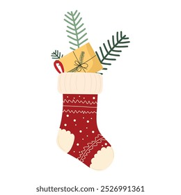 Christmas stocking filled with gifts and pine branches on white background. Christmas tradition in vector flat style. For holiday cards, invitations, Christmas decor.