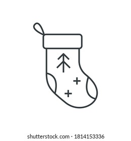 Christmas stocking with fir tree outline contour drawing. Fully editable icon. Vector flat design.