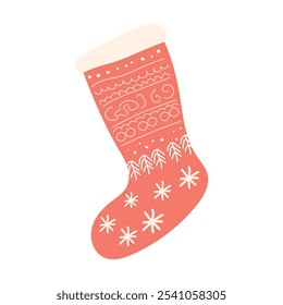 Christmas stocking in flat design. Red sock with holiday decor for gift. Vector illustration isolated.