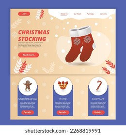 Plantilla de página web de la página de inicio plana de existencias de Navidad. Hombre de pan de jengibre, petardo, caña de caramelo. Banner web con encabezado, contenido y pie de página. Ilustración vectorial.