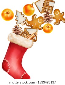 Christmas stocking full of orange, pine cone, gingerbread cookies. Greeting card Vector