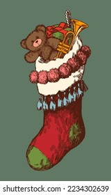 Christmas stocking full of presents vintage vector illustration isolated.