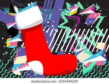 Christmas stocking geometrical graphic retro theme background. Minimal geometric elements. Vintage abstract shapes vector illustration.