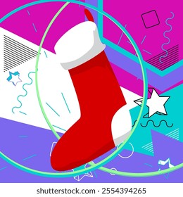 Christmas stocking geometrical graphic retro theme background. Minimal geometric elements. Vintage abstract shapes vector illustration.