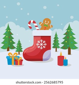 Christmas stocking with gift box and candle decoration in snowfall xmas tree background illustration.