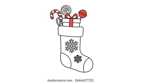 Christmas Stocking With Gift Box Candy Cane Lollipop And Snowflake Vector Illustration