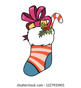 Christmas stocking with gift inside. Decoration for home and fireplace with candy. Happy New Year concept. Isolated flat vector illustration