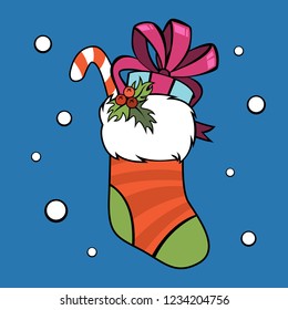 Christmas stocking with gift inside. Decoration for home and fireplace with candy. Happy New Year concept. Isolated flat vector illustration