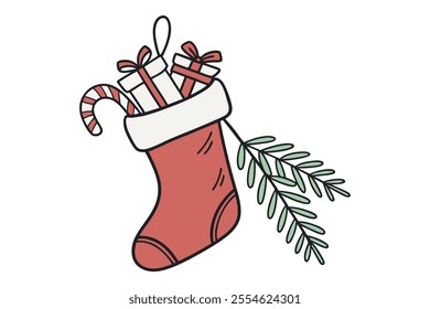 christmas stocking with gifts and candy cane illustration for holiday decorations