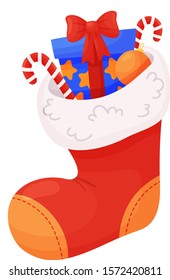 Christmas stocking with the gifts and candy. Vector illustration isolated on white background.