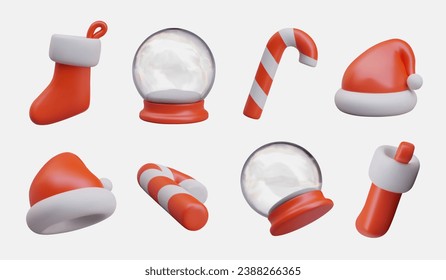 Christmas stocking for gifts, empty snow globe, candy cane, Santa hat. Vector set of red realistic elements in different positions. Templates for step by step design