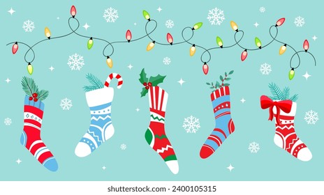 Christmas stocking with gifts, garland and candies. Greeting card with festive socks.