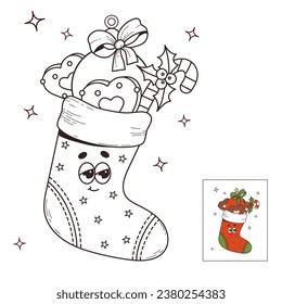 Christmas stocking with gifts, gingerbread, caramel and ball. Cool retro cartoon character. Vector illustration. linear drawing, coloring book. Kids collection. Merry Christmas and Happy New Year