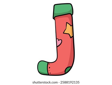 Christmas stocking for gifts with heart and star signs colored doodle vector illustration. Isolated on white background