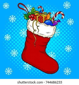 Christmas stocking with gifts pop art retro vector illustration. Comic book style imitation.