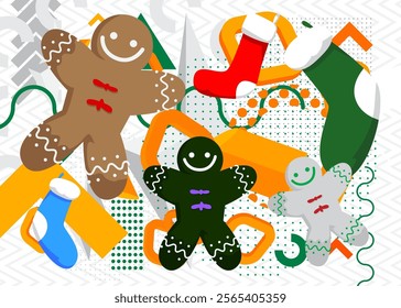 Christmas stocking and Gingerbread Man Cookie geometrical graphic retro theme background. Minimal geometric elements. Vintage abstract shapes vector illustration.