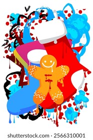 Christmas stocking and Gingerbread Man Cookie graffiti. Abstract modern street art decoration performed in urban painting style.