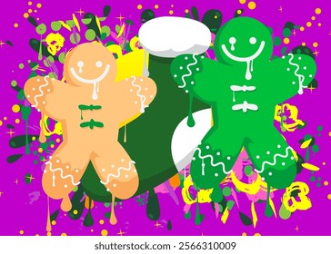 Christmas stocking and Gingerbread Man Cookie graffiti. Abstract modern street art decoration performed in urban painting style.