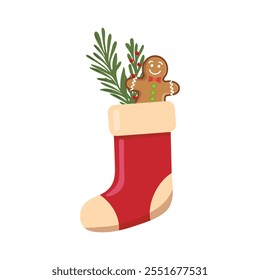 Christmas stocking with gingerbread man and festive greenery illustration