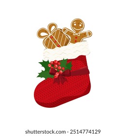 Christmas stocking with gingerbread in Scandinavian style isolated on white background Hand-knitting Red and white festive Christmas ornament Vector illustration