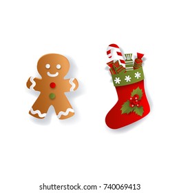 Christmas stocking and gingerman, gingerbread cookie, Xmas decoration elements, flat vector illustration isolated on white background, 3d paper cutout. Flat Christmas stocking and gingerman cookie