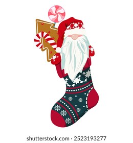 Christmas stocking with gnome in Santa costume and gingerbread in Scandinavian style isolated on white background. Vector illustration