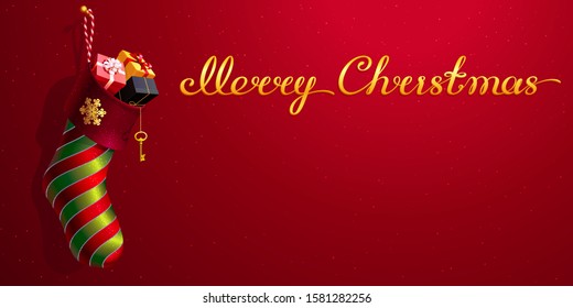 Christmas stocking with a golden snowflake, red and green decor. 3D realistic vector sock-shaped bag with a gift boxes. Original calligraphic text Merry Christmas. Red background with a copy space