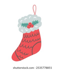 Christmas stocking hand drawn illustration. Warm red sock with holly berries decoration.