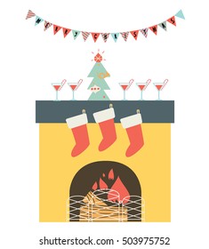 Christmas stocking hanging on the fireplace. vector illustration