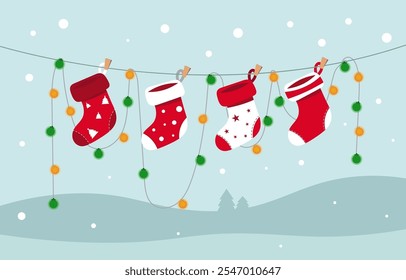 Christmas stocking hanging on a rope. Christmas winter decoration template. Winter snow with Christmas sock background. Flat vector illustration.