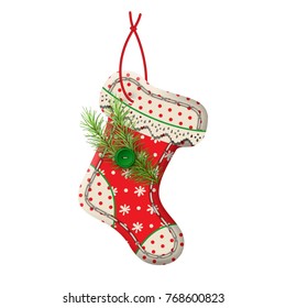 Christmas stocking. Hanging textile handmade decoration. Holiday vector ornament on a white background