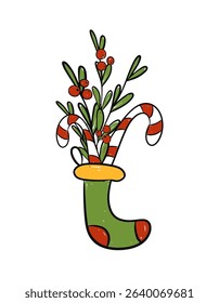 A Christmas stocking holds candy canes and mistletoe with red berries. Vector illustration