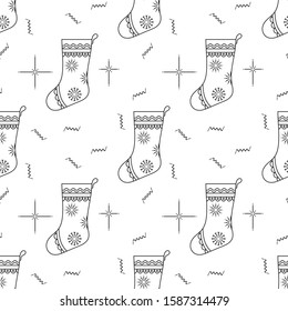 Christmas Stocking Icon Monoline Style Seamless Pattern, Christmas Sock Icon, Sock Shaped Bag Single Stroke Width Vector Art Illustration