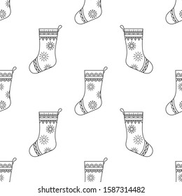 Christmas Stocking Icon Monoline Style Seamless Pattern, Christmas Sock Icon, Sock Shaped Bag Single Stroke Width Vector Art Illustration