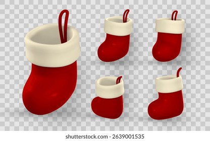 Christmas Stocking Icon Set in 3D Cartoon Style. Red and White Sock Decorations with Loop for Hanging. Festive Holiday Element Pack. Vector Illustration.