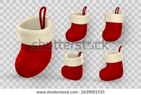 Christmas Stocking Icon Set in 3D Cartoon Style. Red and White Sock Decorations with Loop for Hanging. Festive Holiday Element Pack. Vector Illustration.