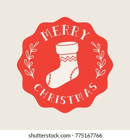 Christmas stocking and laurel wreaths vector illustration. Hand drawn stylish seasonal greetings or gift card.  Cute xmas concept badge. Isolated on white background.