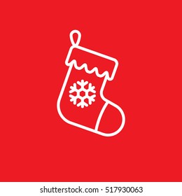 Christmas stocking line icon, outline vector sign, linear pictogram isolated on red. logo illustration