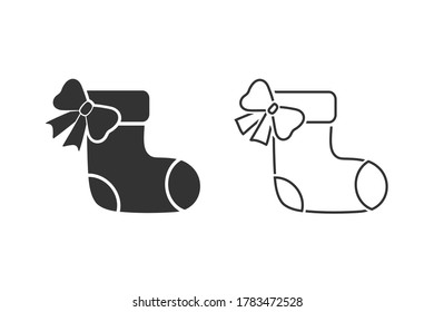 Christmas stocking line icon set on white. Sock with bow icon. Vector