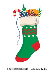 Christmas stocking with long-awaited gifts. Gift sock. Vector graphic.