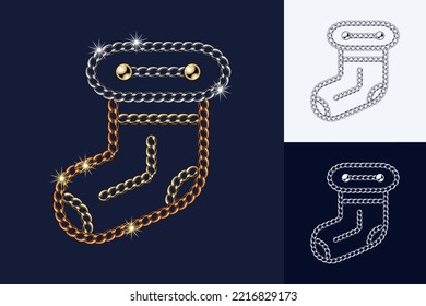 Christmas stocking made of jewelry gold, silver chains, shiny ball beads. Elegant jewelry illustration for winter sales, christmas, new year holiday, gift decoration Monochrome black and white version