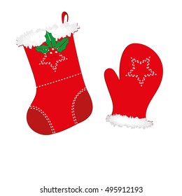 Christmas Stocking and Mitten isolated on a white background